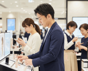 デパートの化粧品売り場にいる男性への視線