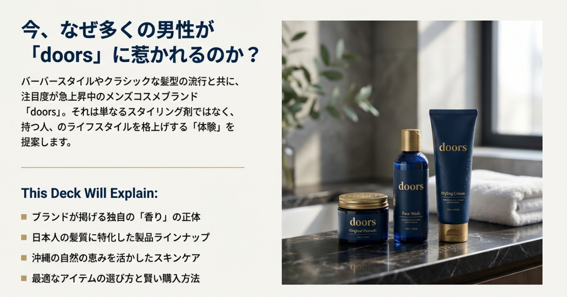 「男らしくを脱け出そう」というスローガンと、アートなデザイン、ジェンダーレスな姿勢を解説するブランドコンセプトスライド