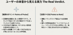圧倒的な浸透力やベタつかなさを絶賛する声と、価格や香りに関する注意点をまとめた比較スライド。