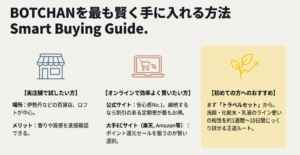 百貨店・ロフトでの実店舗購入、公式サイトの定期便、ECサイトのポイント還元など、賢い買い方の比較図。
