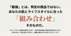 「『最強』とは、特定の商品ではない。あなたの肌とライフスタイルに合った『組み合わせ』そのものだ。」というメッセージが書かれた総括スライド。