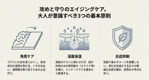攻めと守りのエイジングケアとして、角質ケア、深層保湿、炎症抑制の3つのポイントを説明するスライド。