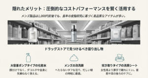 ドラッグストアの棚を背景に、大容量ポンプ化粧水、泡洗顔、洗顔シートを紹介するコストパフォーマンスに特化したスライド。