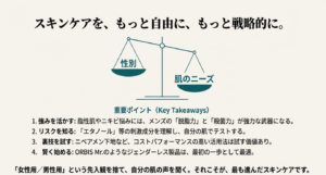 天秤に「性別」と「肌のニーズ」が乗ったイラスト。重要な4つのポイント（強みを活かす、リスクを知る、裏技、賢く始める）をまとめた最終スライド。